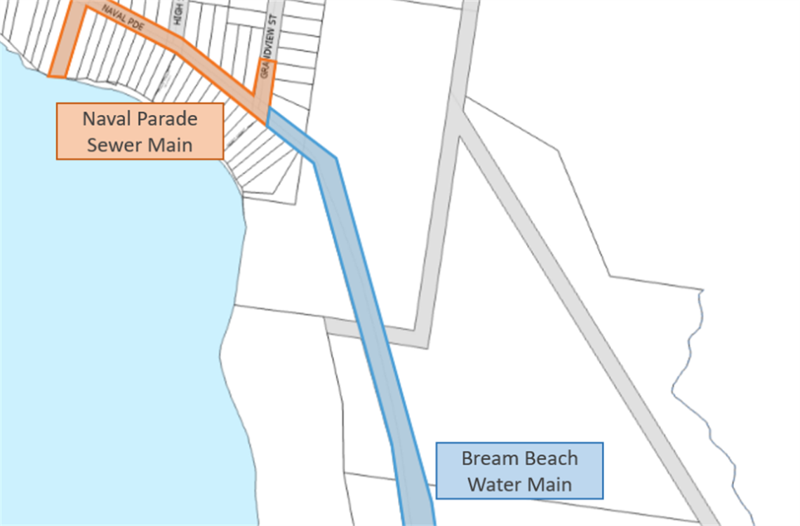 A map of the works sites at Bream Beach and Naval Parade.