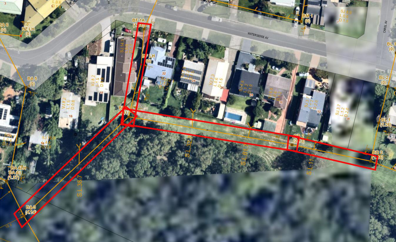 A satellite image of Watersedge Avenue, Basin View, overlaid with a diagram of the sewer mains.