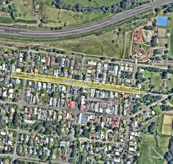 A satellite view of Albert Street with the section of water main to be replaced highlighted in yellow.