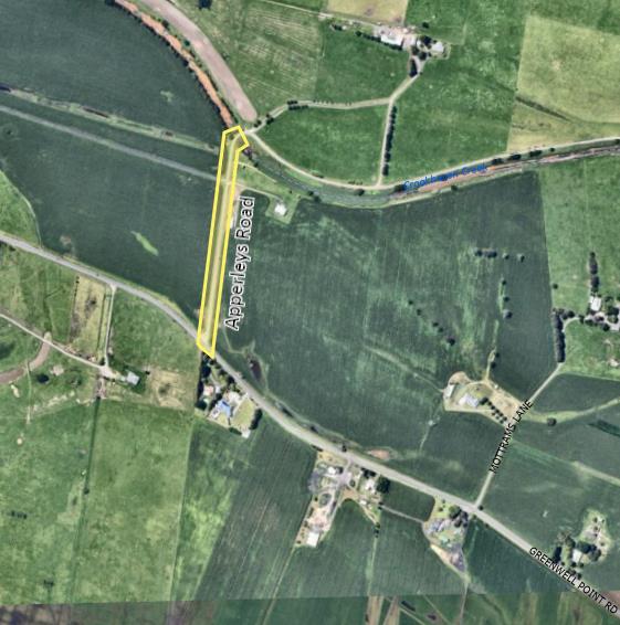 A satellite photo of Apperleys Lane with the section of water main to be replaced highlighted in yellow