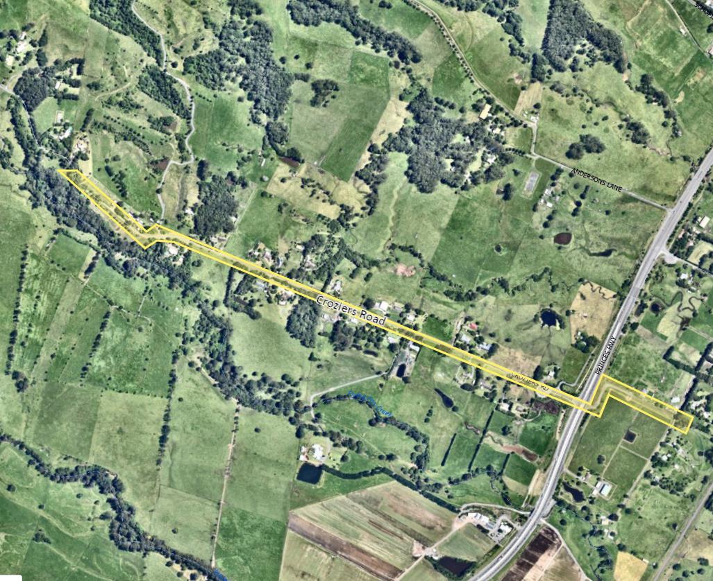 A satellite image of Croziers Road with the section of water main to be replaced highlighted in yellow.