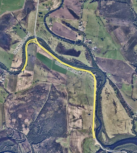 A satellite photo of Culburra Road with the section of water main to be replaced highlighted in yellow