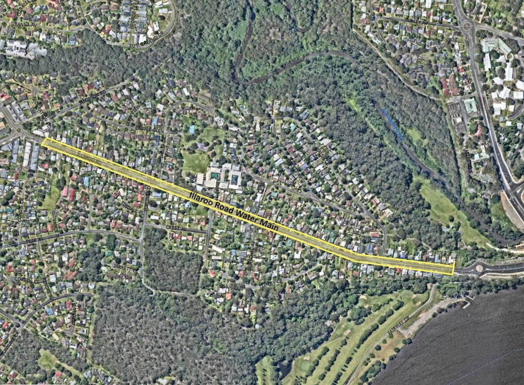 A satellite photo of Illaroo Road with the section of water main to be replaced highlighted in yellow