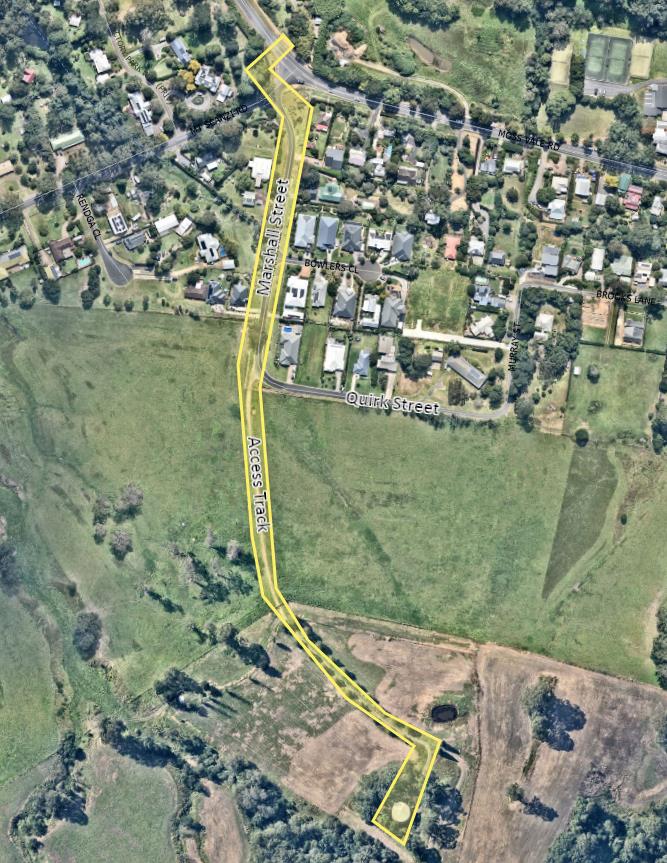 A satellite photo of Marshall Street with the section of water main to be replaced highlighted in yellow