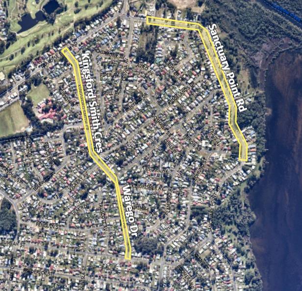 A satellite photo of Sanctuary Point with the section of water main to be replaced highlighted in yellow