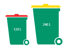 2D graphic of a medium 120L red bin and a large 240L yellow bin