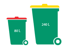 2D graphic of a small 80L red bin and a large 240L yellow bin